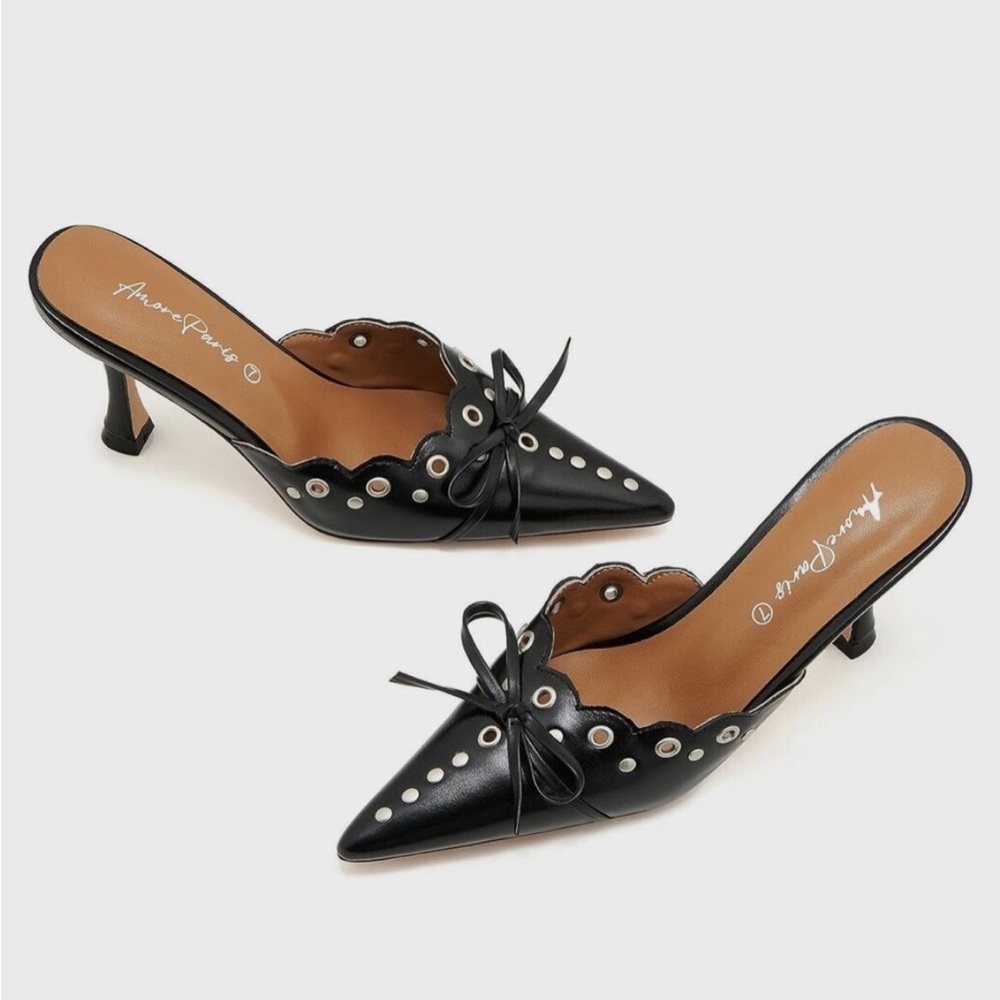 Women kitten High Heels Bow Tie Closed Toe Leather Black Wedding Party 7/8.5